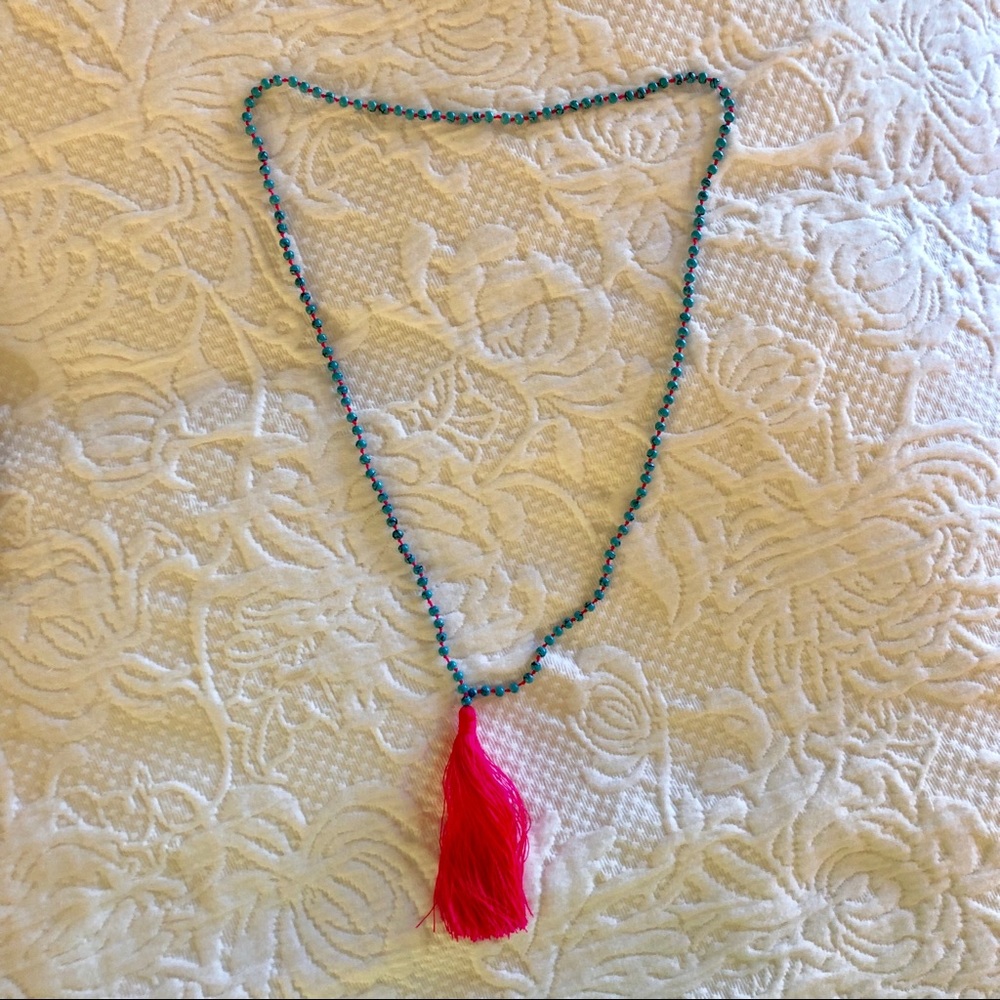 Hot pink and turquoise beaded tassel necklace